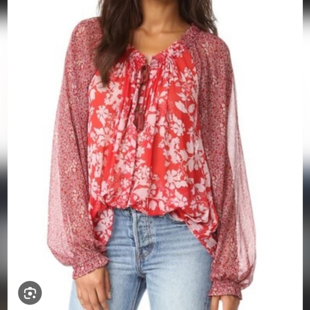 Free People Red Floral Boho Peasant Blouse